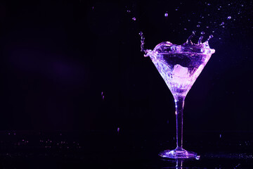 Glass of martini with ice and splashes in neon lights on dark background. Space for text