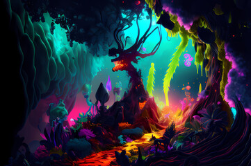 Obraz na płótnie Canvas Fluorescent Dreamy Mystical colorful glowing fantasy world Imagination of start of mind 