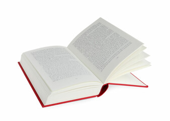 Obraz premium Open red hardcover book isolated on white