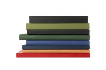 Many different books stacked on white background