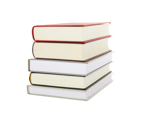 Many different books stacked on white background