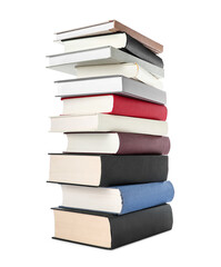 Many different books stacked on white background