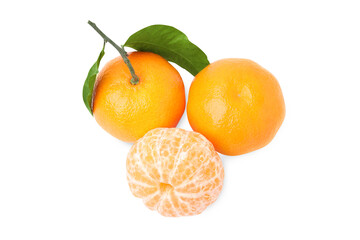 Fresh ripe juicy tangerines with green leaves on white background, top view