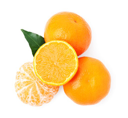 Fresh ripe juicy tangerines with green leaf on white background, top view