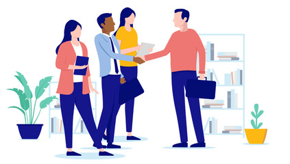 Office new client deal - Team of people shaking hands with new customer making agreement in business. Flat design vector illustration with white background