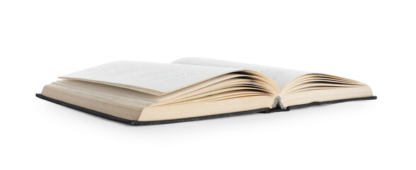 Old open hardcover book isolated on white
