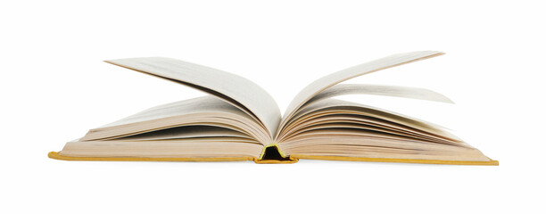 Old open hardcover book isolated on white
