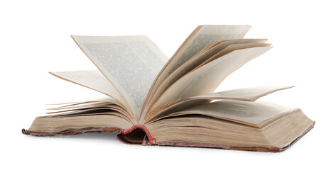 Open old hardcover book isolated on white
