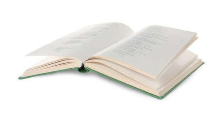 Open old hardcover book isolated on white