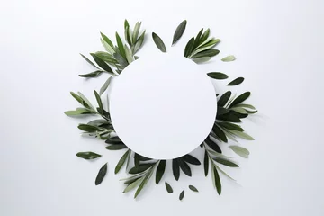 Fototapeten Frame made of fresh green olive leaves on white background, flat lay. Space for text © New Africa