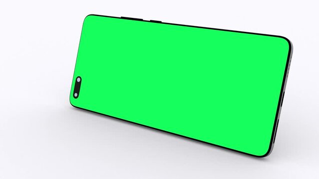 Looping 3D animation of a typical smartphone, presented in landscape format. Camera will swoop to rotate as transition to present more screenshots on the phone screen. Green screen applied to key out.