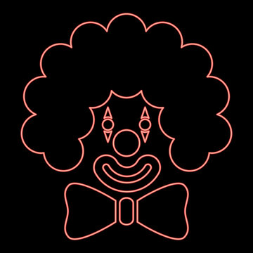 Neon clown face head with big bow and curly hair Circus carnival funny invite concept red color vector illustration image flat style