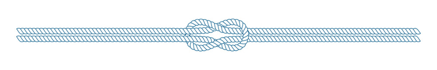Sailor knot on a rope in a divider or line form. Blue and white cord border. Tying the knot concept. PNG clipart isolated on transparent background