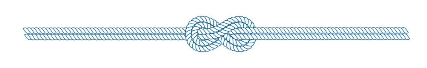 Sailor knot on a rope in a divider or line form. Blue and white cord border. Tying the knot concept. PNG clipart isolated on transparent background - obrazy, fototapety, plakaty