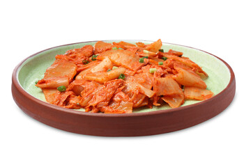 Plate of delicious kimchi with Chinese cabbage isolated on white