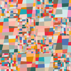 Abstract geometric vector background with random pattern of simple shapes like rectangle, square, triangle and polygon. Pastel colored retro style colorful mosaic.