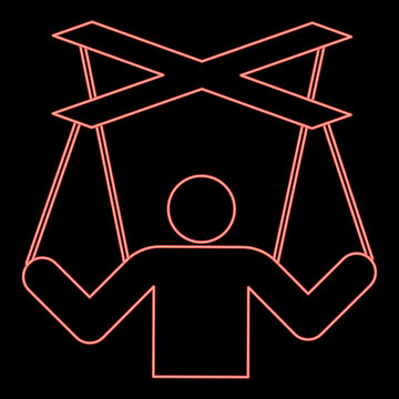 Neon human manipulation concept Puppet stick man manipulating on string Dependence theme Control people Management executive idea red color vector illustration image flat style