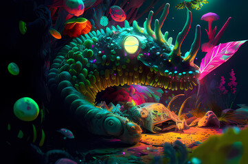 Fluorescent Dreamy Mystical colorful glowing fantasy world Imagination of start of mind
