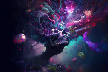 Naklejka premium Fluorescent Dreamy Mystical colorful glowing fantasy world Imagination of start of mind