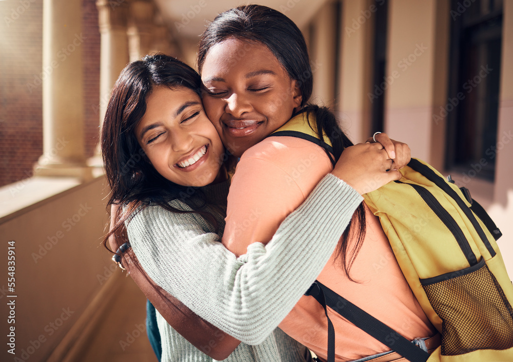 Sticker University, friends and students hug in campus, bonding and care. Love, women and girls from college embrace, cuddle or hugging at school in hallway in support for education, learning and knowledge.