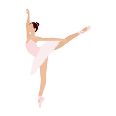 Vector elegant ballerina, dancing on pointe shoes isolated on the white background. Female beautiful classic theater dancer in arabesque pose. Ballet artist illustration