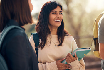 Happy, books or indian woman student with friends at school, college or university outdoor for learning, education or scholarship. Motivation, smile or group of young students for studying or academy