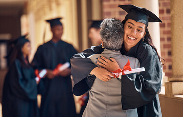 Hug, graduation and graduate, women and education achievement, success on university campus and certificate with academic goals reached. College, student and graduating ceremony, event and degree. - obrazy, fototapety, plakaty