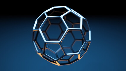 Obraz premium Buckminsterfullerene C60 Molecule model, allotrope of fullerene carbon atoms, round sphere with hexagonal rings or mesh, molecular 3D illustration