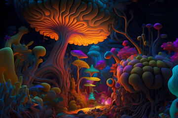 Fluorescent Dreamy Mystical colorful glowing fantasy world Imagination of start of mind