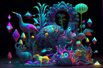 Fluorescent Dreamy Mystical colorful glowing fantasy world Imagination of start of mind