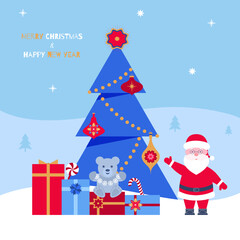 Vector illustration of Merry Christmas and Happy New Year greeting card. Flat, geometric design with Christmas tree, toys, gifts, Santa Claus. Template for congratulations and invitations.