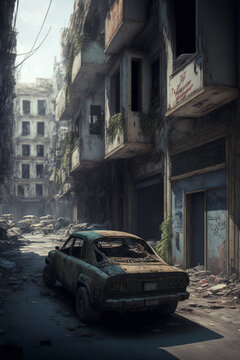 3D illustration, devastating image of war, abandonment, death and destruction, 3D rendering.