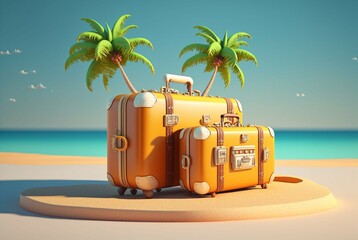 Obraz premium 3D illustration, beautiful image of suitcases on the beach, palm trees, sand and sea, vacation concept, 3D rendering.