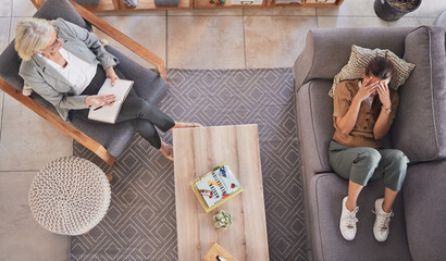 Anxiety, psychologist and woman with stress, depression or mental health problems crying in therapy...