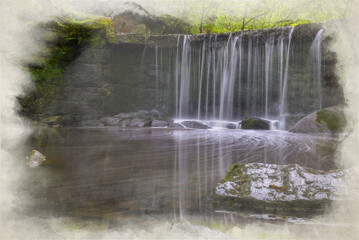 Knypersley reservoir waterfall digital watercolor.