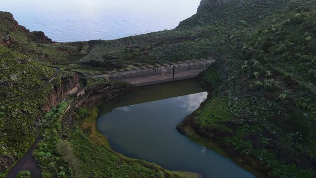 Aerial view of mountain lake Embalse de Agulo on La Gomera island. Beauty of Canary Islands, Spain