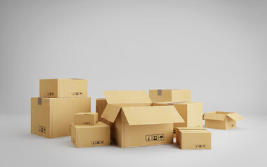 Set of parcels isolated on white background.Cardboard boxes for packing and transportation.Concept for shopping online,e-commerce.3d rendering
