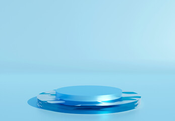 Blue cylinder podium with water texture on blue background.  Stand to show products. Fresh ocean water pedestal display with copy space. Banner size. Website cover template. 3D rendering.