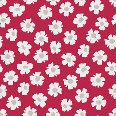Seamless pattern with hand drawn meadow flowers in Ditzy style. Stylish illustrations on color 2023 magenta for surface design and other design projects