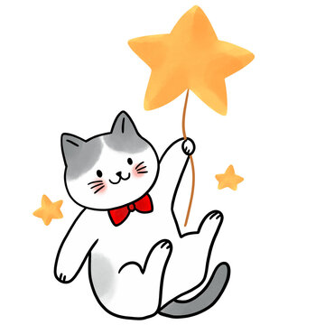 Cute cat and star paint brush clipart.