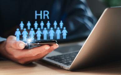 Modern online technology to simplify HR systems. Human Resources (HR) management concept. People analytics, HR, recruitment, leadership and teambuilding.