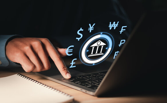 Businessman working with laptop with money symbol on virtual interface. Money transfer and currency exchange between countries around the world. Online banking interbank payment concept.