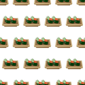 cartoon gunkan-maki sushi, japanese food seamless pattern on colorful background