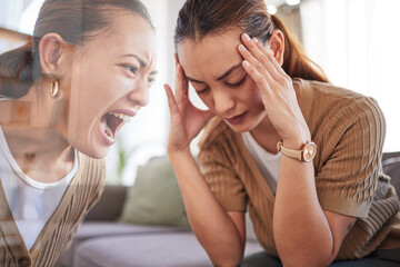 Woman, anxiety and depression on sofa with headache, reflection and shout with pain in home. Depressed girl, mental health and frustrated while angry, sad and sitting on couch at house in Los Angeles