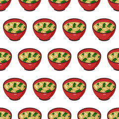 cartoon miso soup, japanese food seamless pattern on colorful background