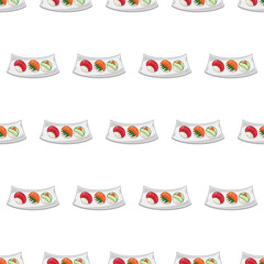 cartoon sushi temari, japanese food seamless pattern on colorful background