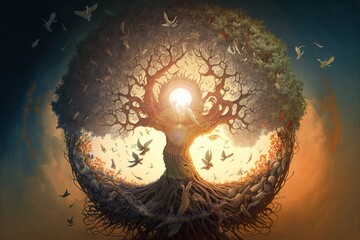 Beautiful Tree of Life Shining and Glowing. Fantasy Life Tree at the Epic Sky Background. Generative AI.
