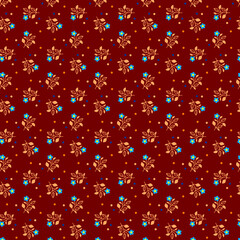 Cute simple small blue orange flowers pattern on a brown background Ditsy flowers dress trendy fabric print