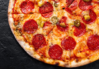 Hot Pepperoni Pizza with Mozzarella cheese, salami, Tomato sauce, pepper, Spices.