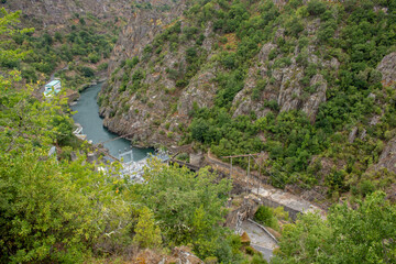Fototapeta na wymiar The Santo Estevo Reservoir and Hydroelectric plant in Ourense, Spain. Dam station on river Sil.